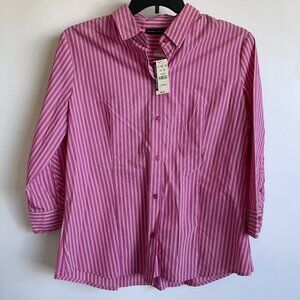 New York & Company Women Pink Striped Button-Up Shirt XL 3/4 Sleeve Casual New